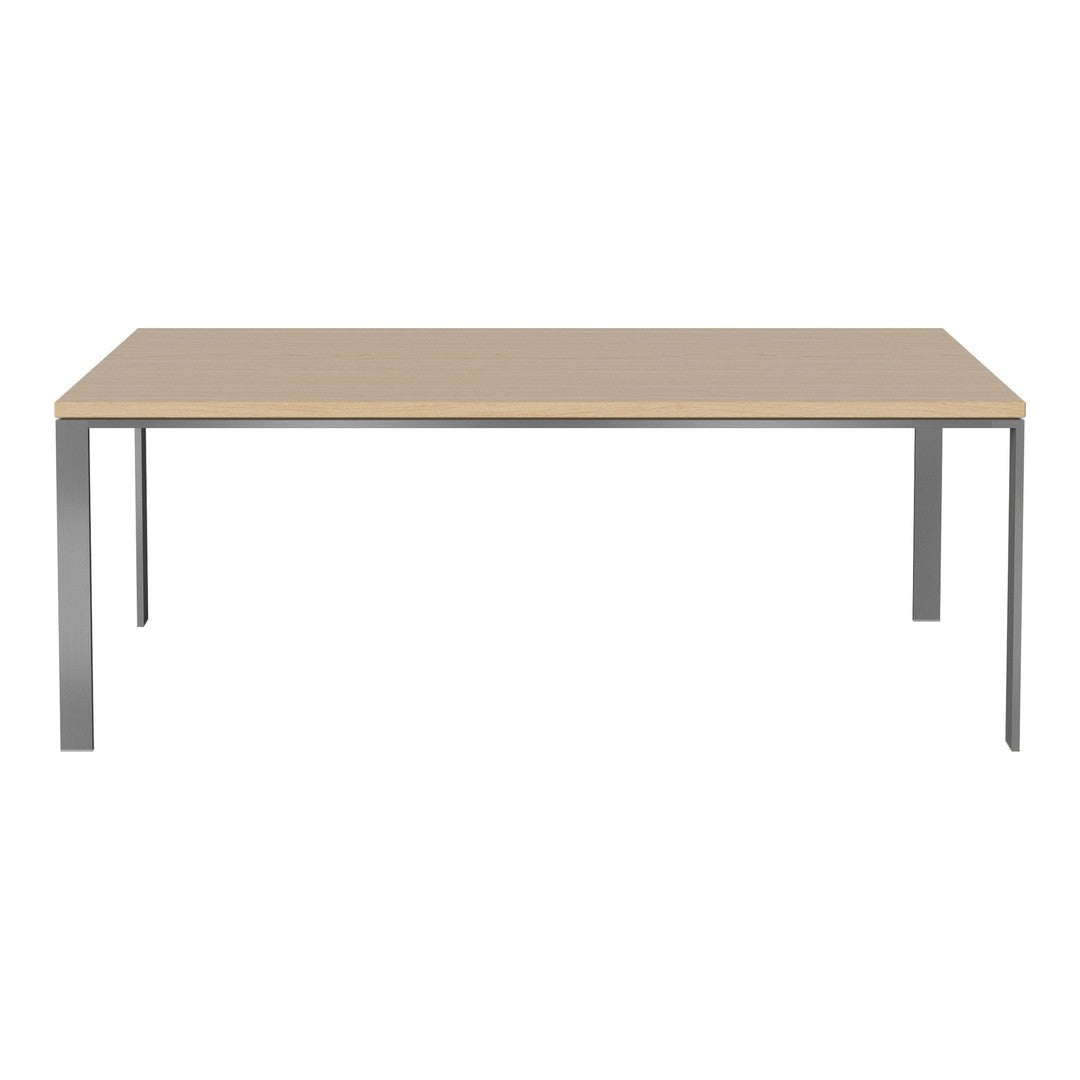 Light wood tabletop with a smooth finish and gray metal legs, featuring a sleek, modern design.