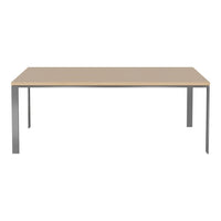 Light wood tabletop with a smooth finish and gray metal legs, featuring a sleek, modern design.
