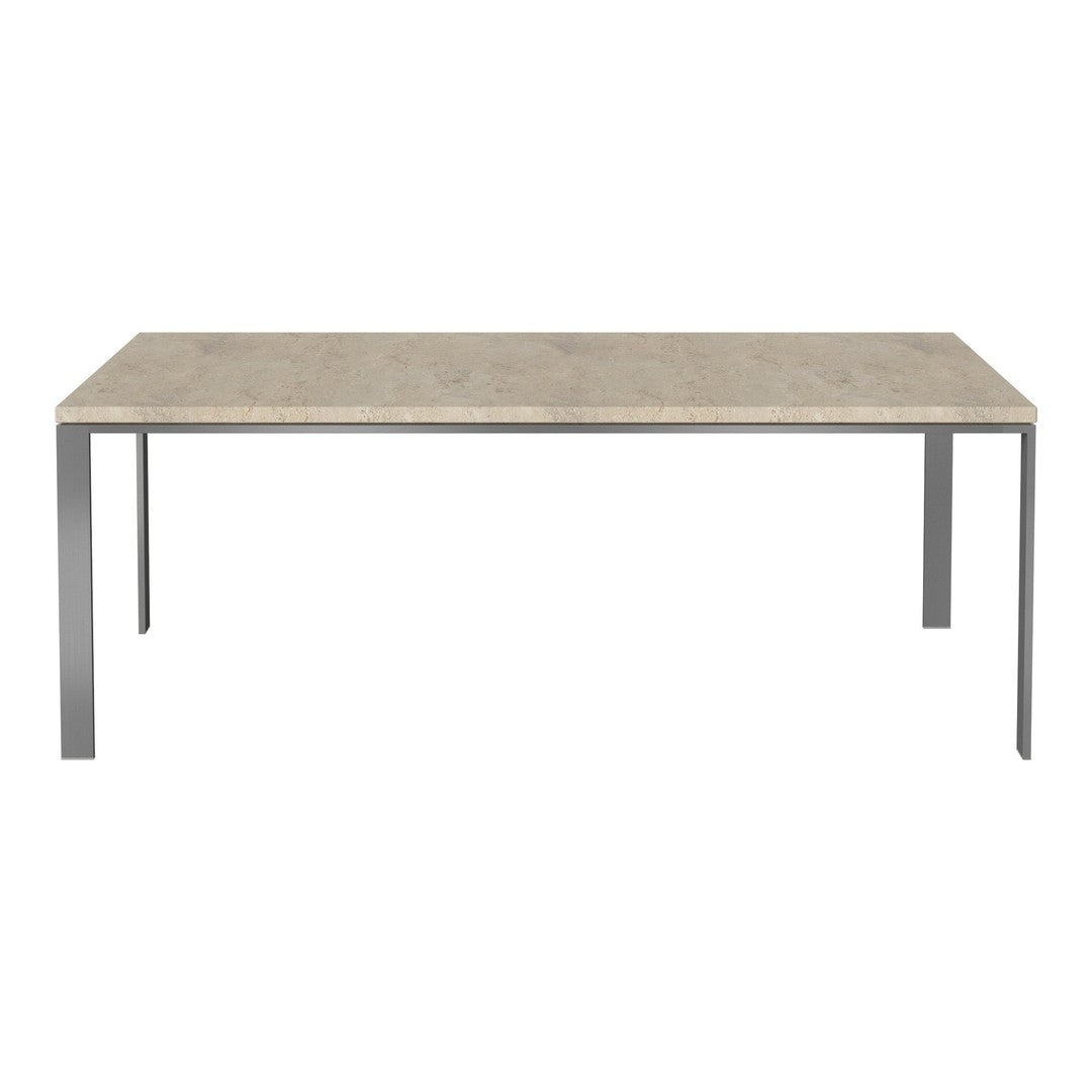 Rectangular dining table with a light gray marble top and sleek silver metal legs, perfect for modern decor.
