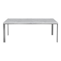 White marble tabletop with subtle gray veining and sleek silver metal legs. Modern, elegant design for any space.
