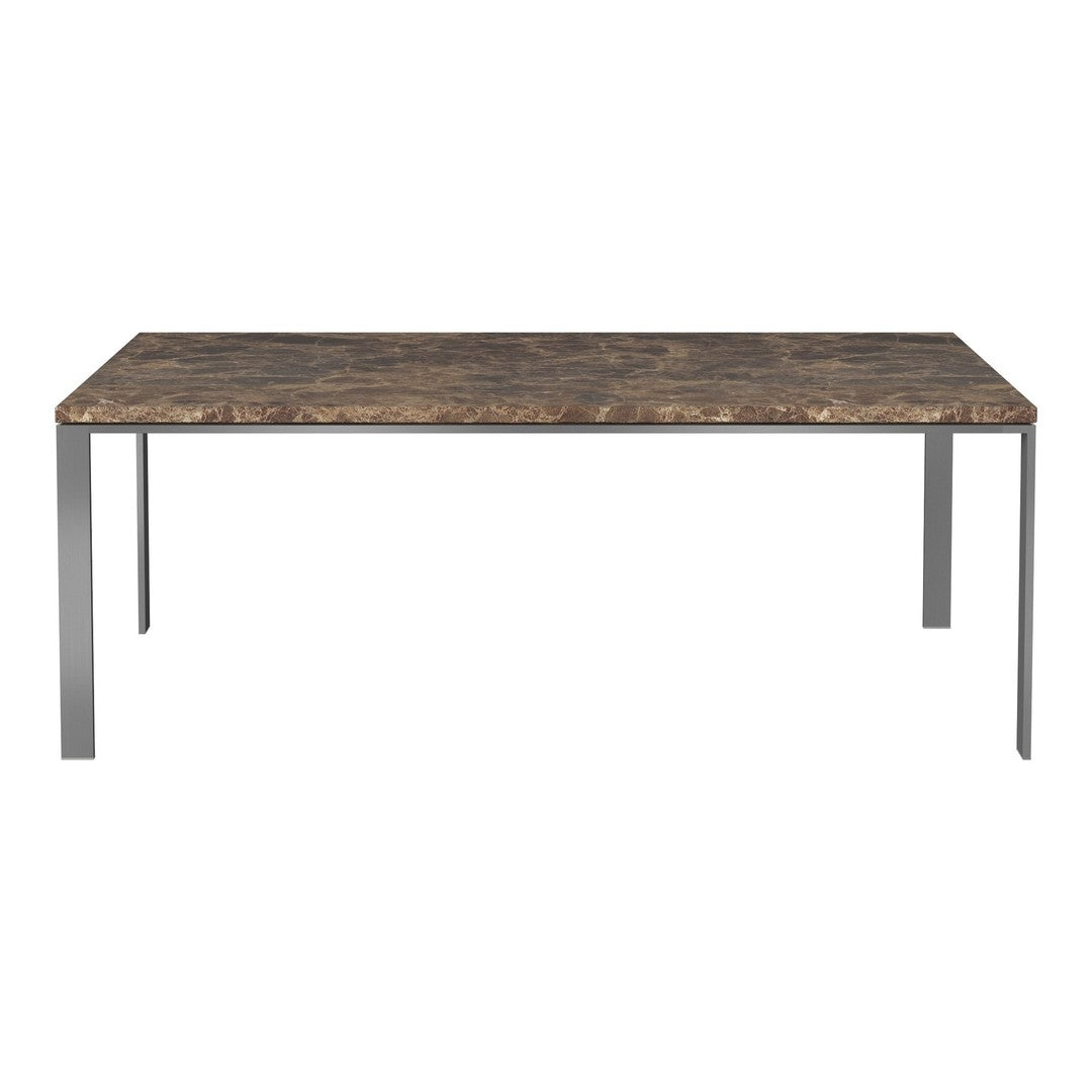 "Rectangular dining table with a rich brown marble pattern and sleek silver metallic legs, modern design."