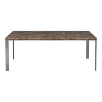 "Rectangular dining table with a rich brown marble pattern and sleek silver metallic legs, modern design."