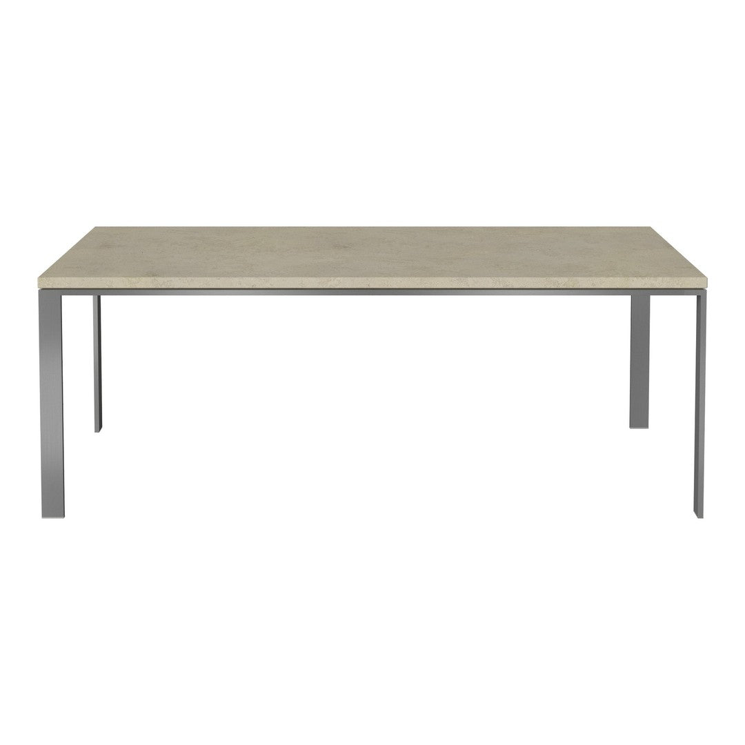 Neutral gray marble tabletop on sleek silver metal legs. Modern design with smooth, understated pattern.