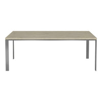 Neutral gray marble tabletop on sleek silver metal legs. Modern design with smooth, understated pattern.