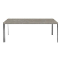 Gray tabletop with a smooth finish and sleek silver metal legs, perfect for modern decor.