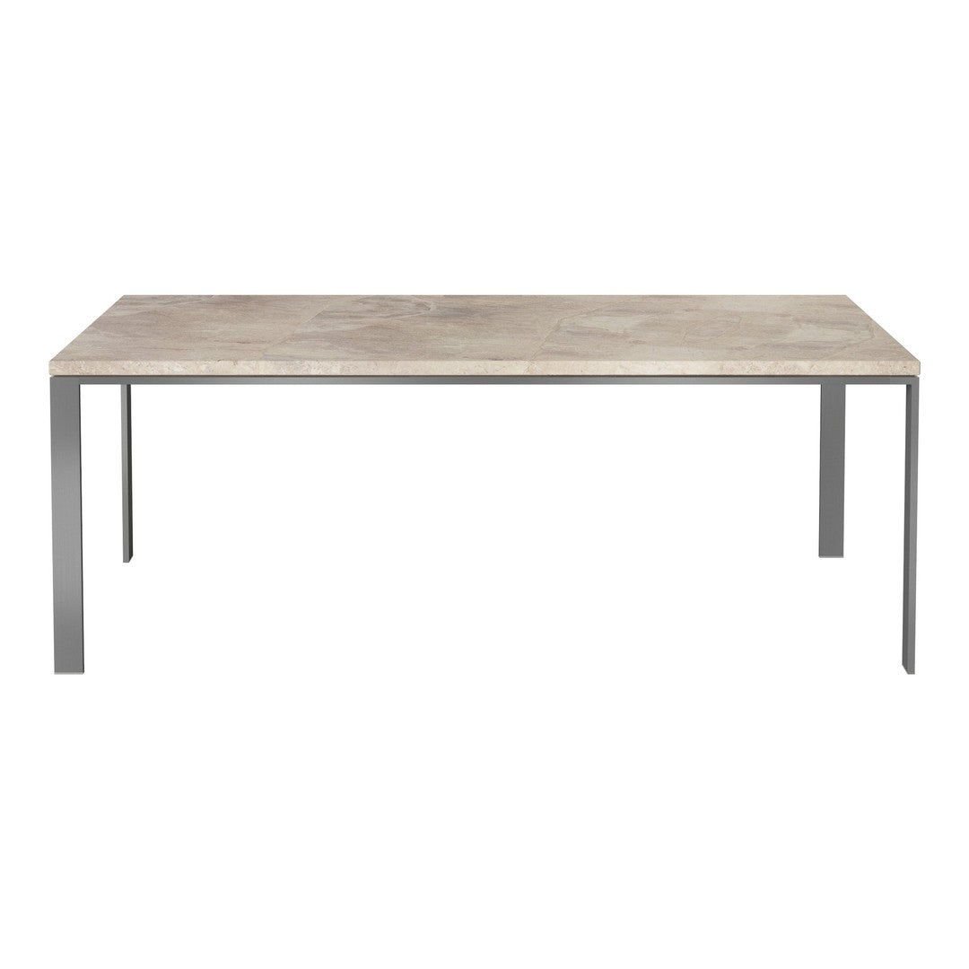 Modern rectangular dining table with a sleek gray surface and silver metallic legs. Clean, minimalist design.