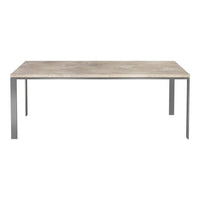 Modern rectangular dining table with a sleek gray surface and silver metallic legs. Clean, minimalist design.