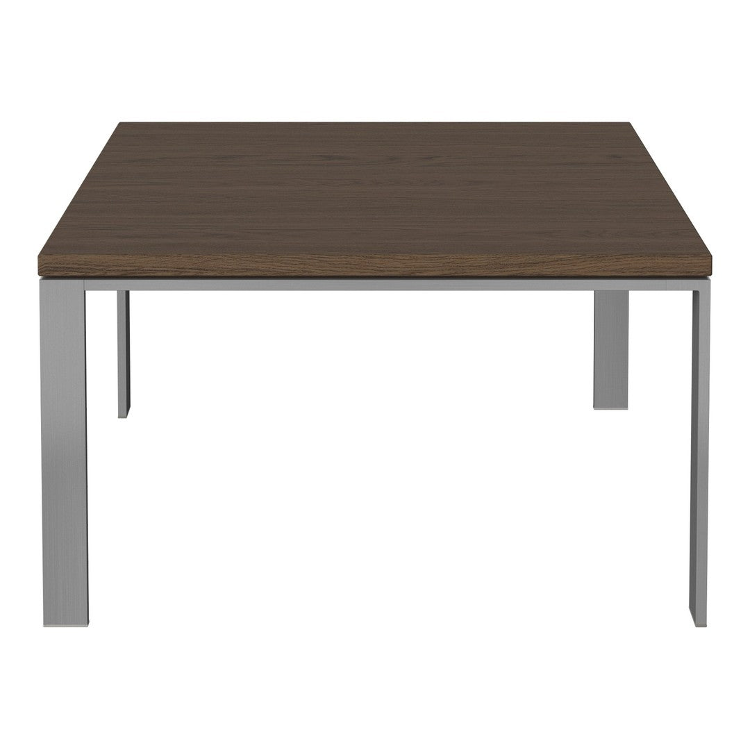 Square wooden table with a dark brown top and silver metal legs, offering a modern minimalist style.