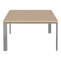 Modern square table with a light wood top and sleek silver metal legs. Ideal for contemporary decor.