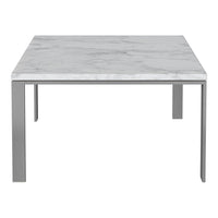 Square coffee table featuring a sleek white marble top with gray veining and modern metal legs.