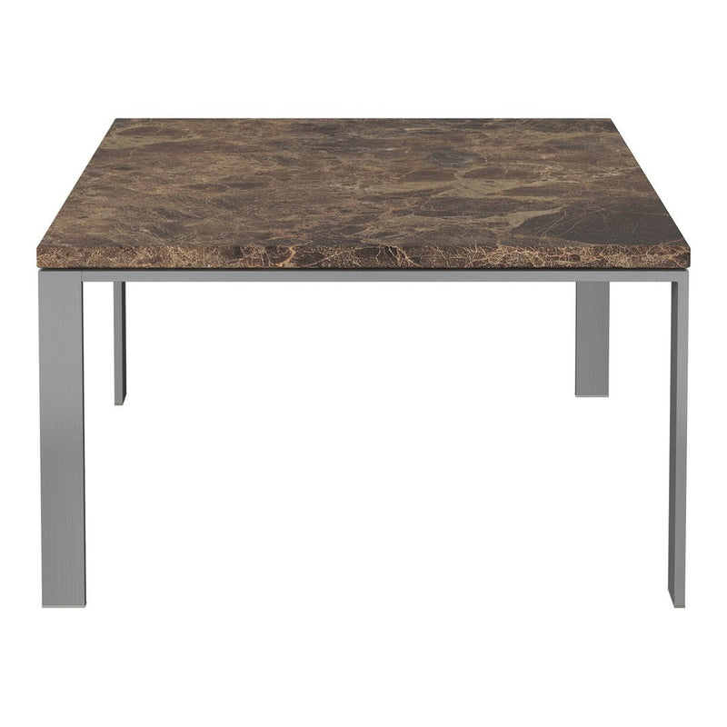 Square table with a dark marble-patterned top and sleek silver metal legs, blending elegance and modern design.