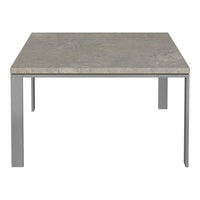 Gray concrete tabletop with a smooth, textured surface and sleek silver metal legs. Modern minimalist design.