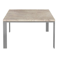 Square table with a light beige marble top and sleek silver metal legs. Elegant and modern design.