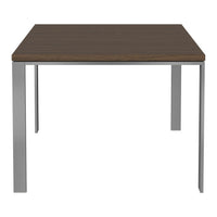 Brown wooden tabletop with a sleek silver metal frame, perfect for modern decor.