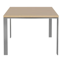 Light wooden tabletop with a smooth finish and sleek silver metal legs, creating a modern, minimalist design.