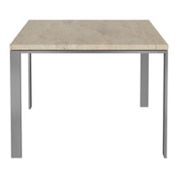 Gray metal frame table with a light beige speckled stone top, perfect for modern interiors.