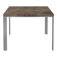 Brown marble-patterned tabletop with sleek silver metal legs for a modern, elegant look. Perfect for any space.