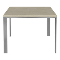 Square table with a sleek gray stone top and metallic silver legs. Modern, minimalist design suitable for any decor.