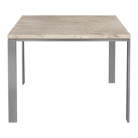 "Modern square table with a light gray marble top and sleek silver metal legs."