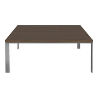 Brown wood tabletop with sleek silver metal legs, featuring a minimalist design and smooth surface. Ideal for modern décor.