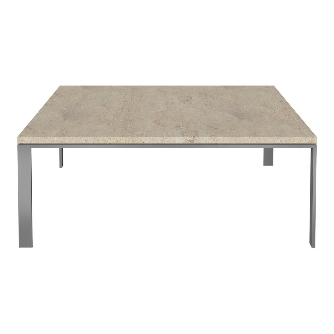 Square coffee table with a light beige stone top and sleek silver metal legs, showcasing a modern, minimalist design.