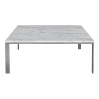 Square coffee table with a white marble top and sleek metallic legs, showcasing a contemporary design and subtle veining.