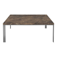 Brown marble-patterned tabletop with sleek silver legs, offering a modern and elegant touch for any space.