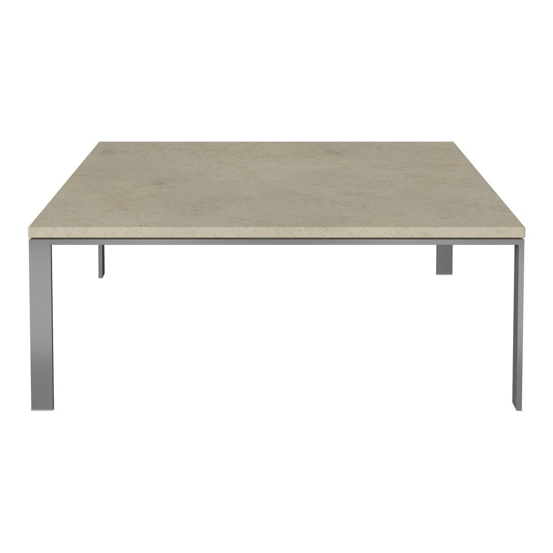Square concrete coffee table with a smooth gray surface and sleek silver metal legs, perfect for modern decor.