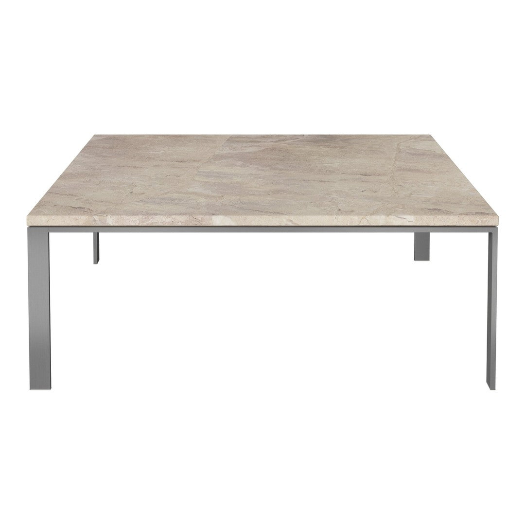Square coffee table with a sleek gray stone top and minimalistic metal legs in silver finish. Perfect for modern decor.