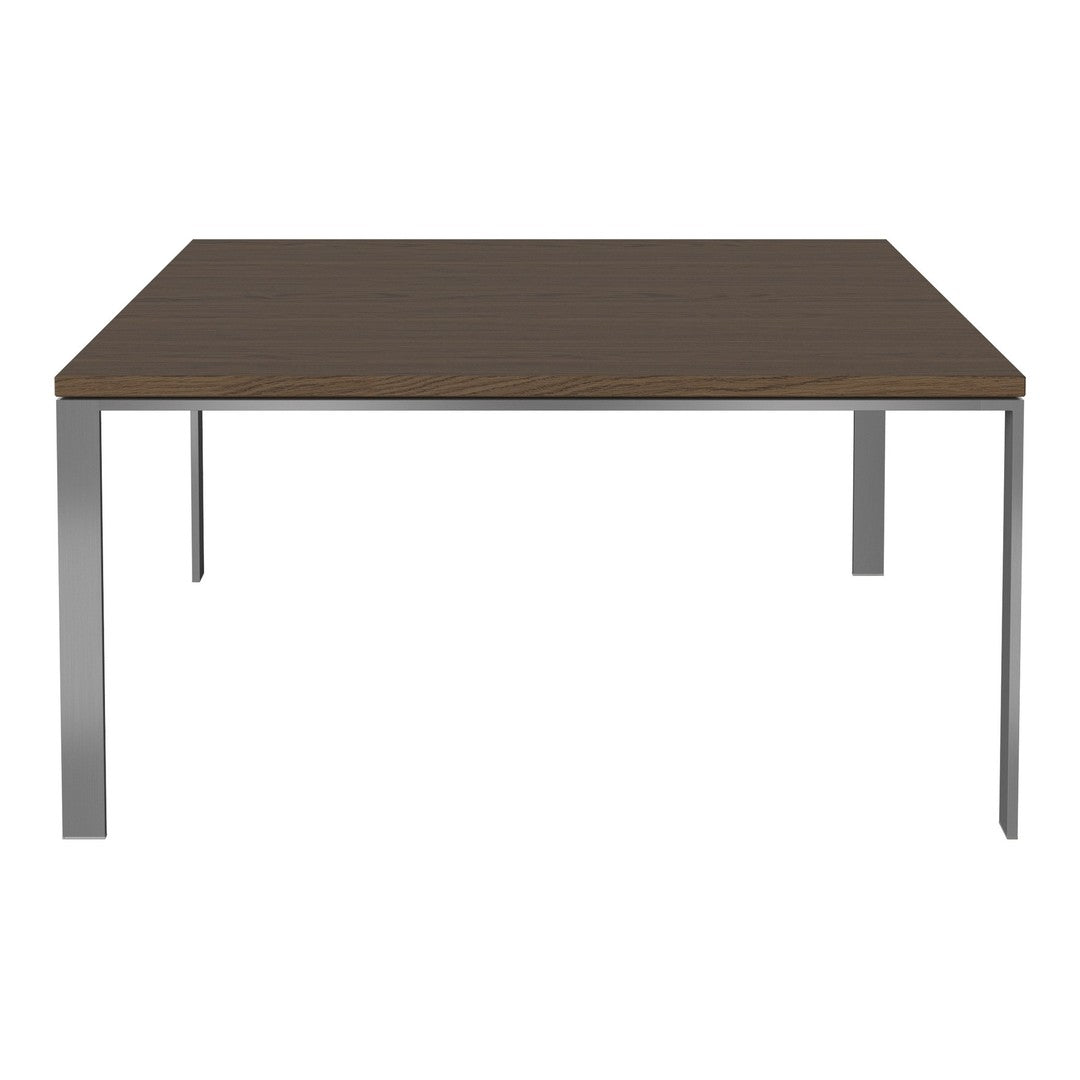 Square table with a dark brown wooden top and sleek silver metal legs, showcasing a modern minimalist design.