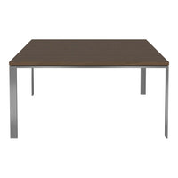 Square table with a dark brown wooden top and sleek silver metal legs, showcasing a modern minimalist design.
