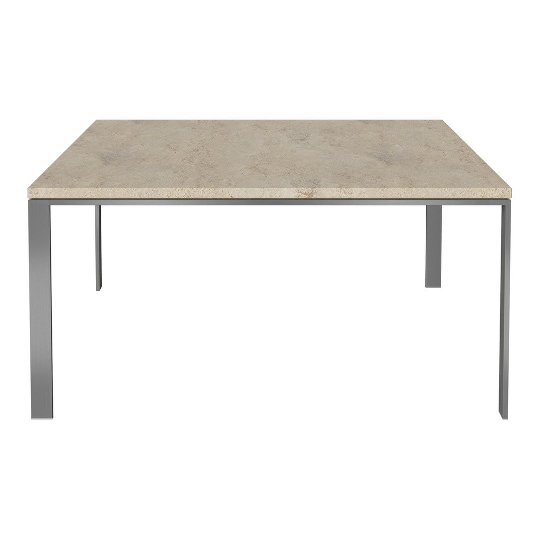 Square table with a light concrete top and sleek silver metal legs, featuring a minimalist design and neutral tones.