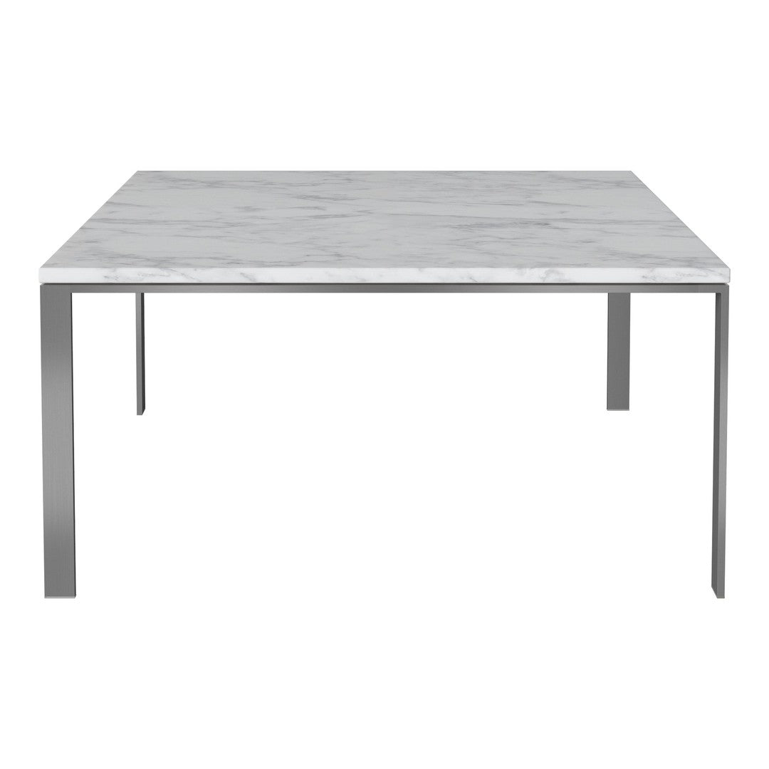 Square table featuring a white marble top with gray veining and sleek silver metal legs. Modern and elegant design.