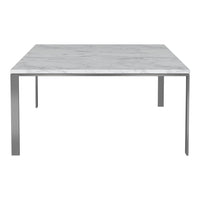Square table featuring a white marble top with gray veining and sleek silver metal legs. Modern and elegant design.