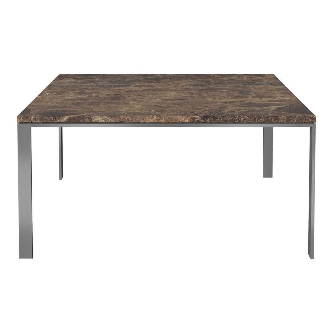 Square table with a rich, dark wood grain top and sleek metal legs, featuring a contemporary minimalist design.