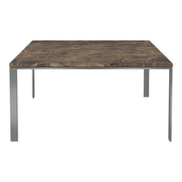 Square table with a rich, dark wood grain top and sleek metal legs, featuring a contemporary minimalist design.