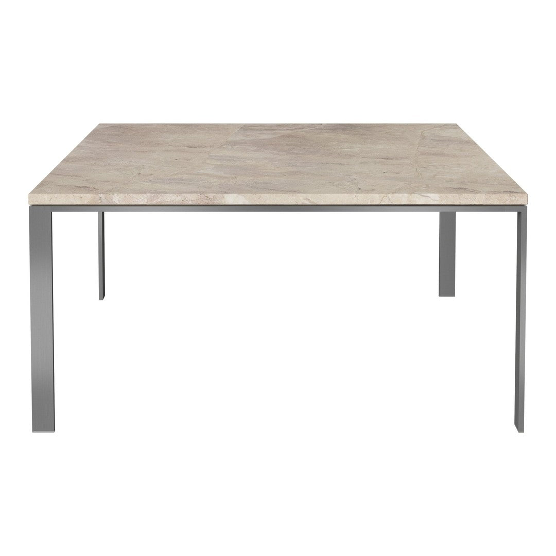 Square table with a textured light gray stone top and sleek metal legs, featuring a minimalist modern design.