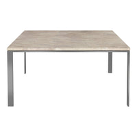 Square table with a textured light gray stone top and sleek metal legs, featuring a minimalist modern design.