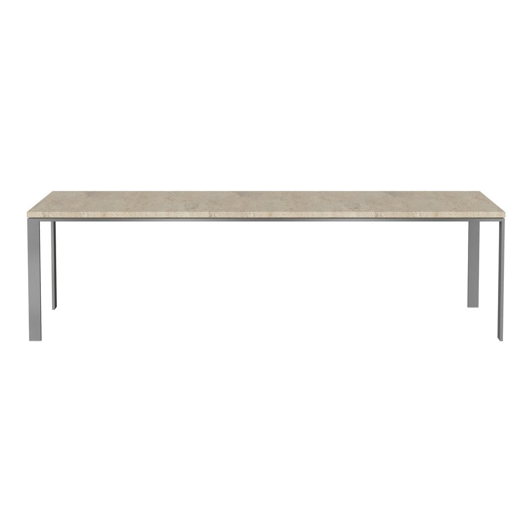 "Long rectangular dining table with a light beige patterned top and sleek silver metal legs."