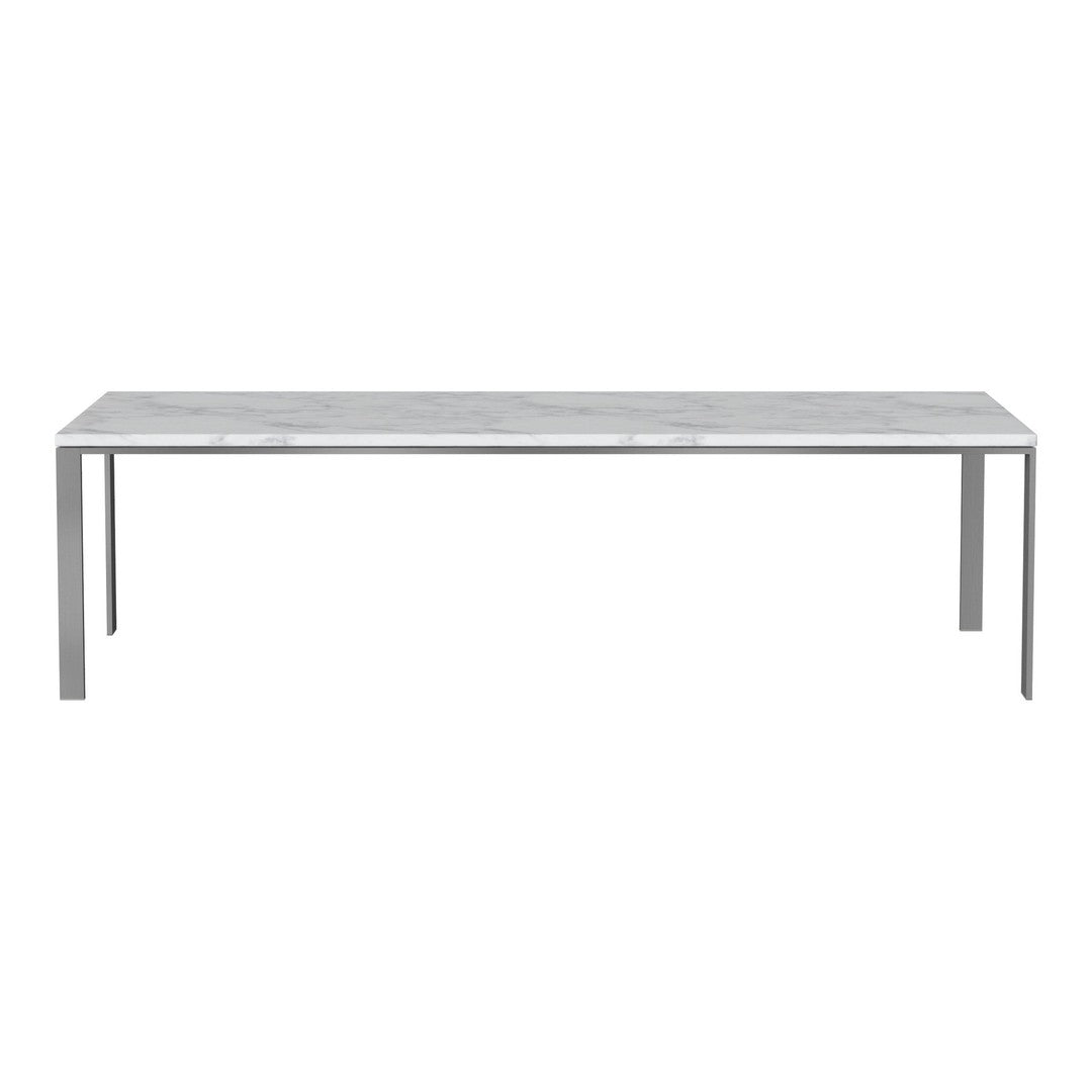 Sleek grey marble tabletop with subtle veining on a minimalist silver metal frame. Elegant and modern design.