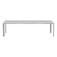 Sleek grey marble tabletop with subtle veining on a minimalist silver metal frame. Elegant and modern design.