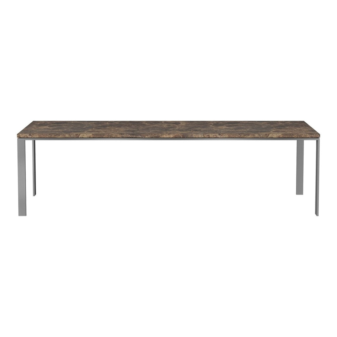 Long, rectangular table featuring a rustic brown surface with subtle textures and sleek silver legs. Perfect for modern settings.