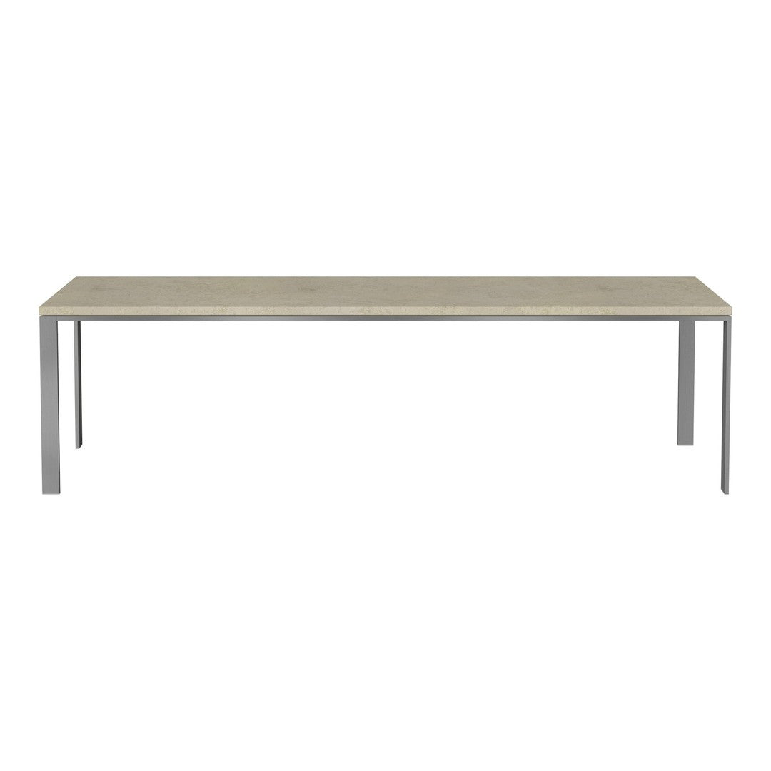 Light gray rectangular table with a natural wood pattern and sleek metallic legs, ideal for modern dining spaces.