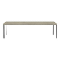 Light gray rectangular table with a natural wood pattern and sleek metallic legs, ideal for modern dining spaces.