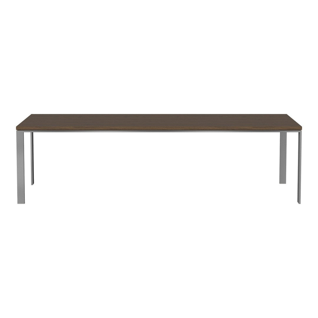Brown rectangular table with sleek silver legs, featuring a smooth, minimalist design. Perfect for modern spaces.