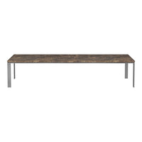 Long rectangular table with a rustic brown wood grain pattern and sleek silver metal legs. Ideal for modern decor.