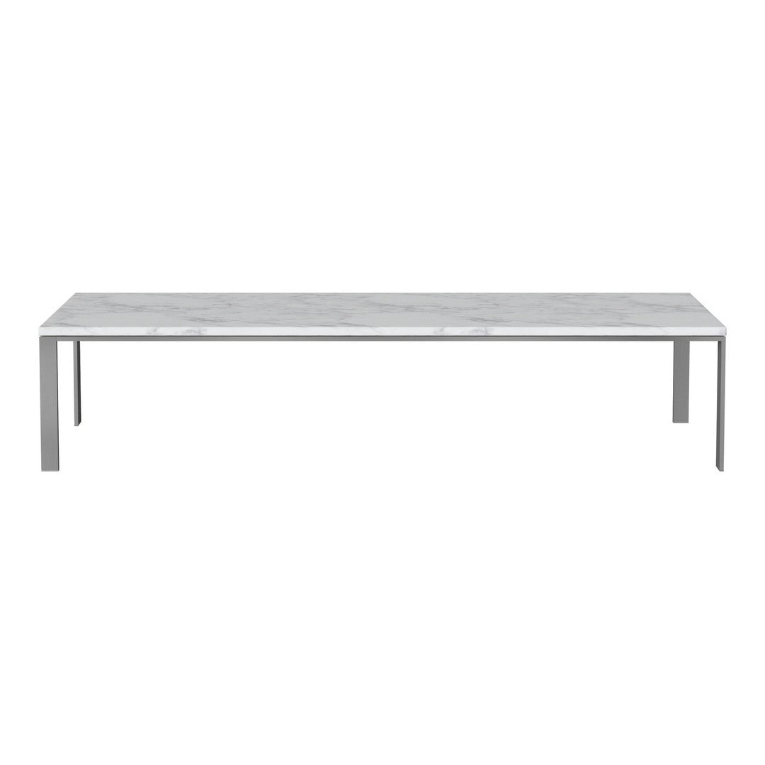 White marble tabletop with subtle gray veining and sleek metal legs. Modern, minimalist design for contemporary settings.
