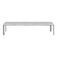 White marble tabletop with subtle gray veining and sleek metal legs. Modern, minimalist design for contemporary settings.