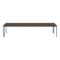 Rectangular table with a sleek dark brown wood finish and chrome legs, featuring a smooth, modern design.