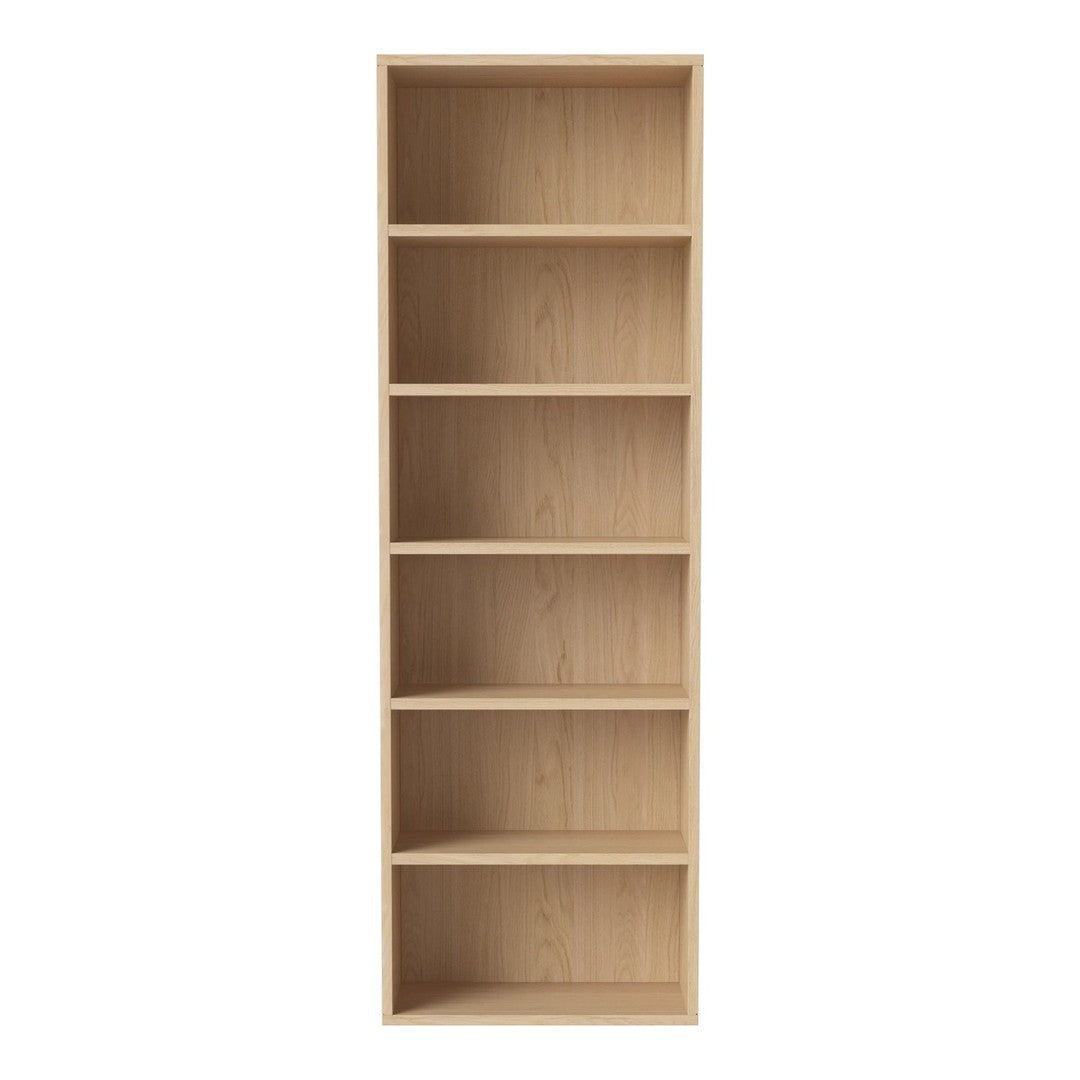 Light wood bookshelf with natural grain pattern, featuring six open shelves for versatile storage and display.
